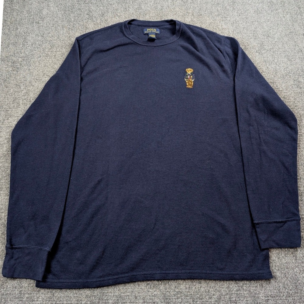 Polo Ralph Lauren Mens XL Navy Blue Waffle Knit Thermal Polo Bear Shirt